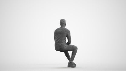 3D scanned man sitting casual, photorealistic archviz people for Enscape and SketchUp, wireframe front view