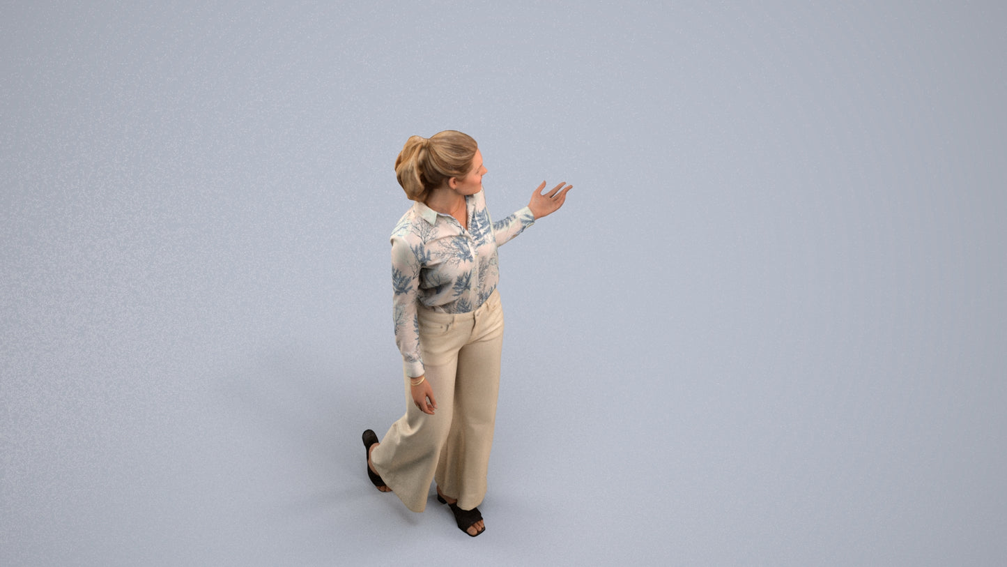 3D scanned woman walking casual, photorealistic archviz people for Enscape and SketchUp, back view render