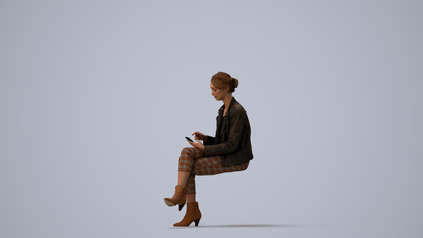 realistic 3D human woman business sitting, archviz people FBX OBJ for Blender, three-quarter view render