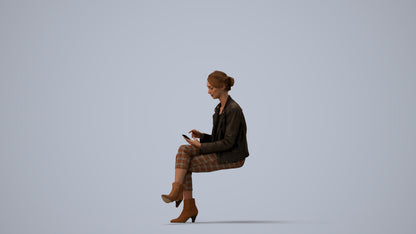 realistic 3D human woman business sitting, archviz people FBX OBJ for Blender, three-quarter view render