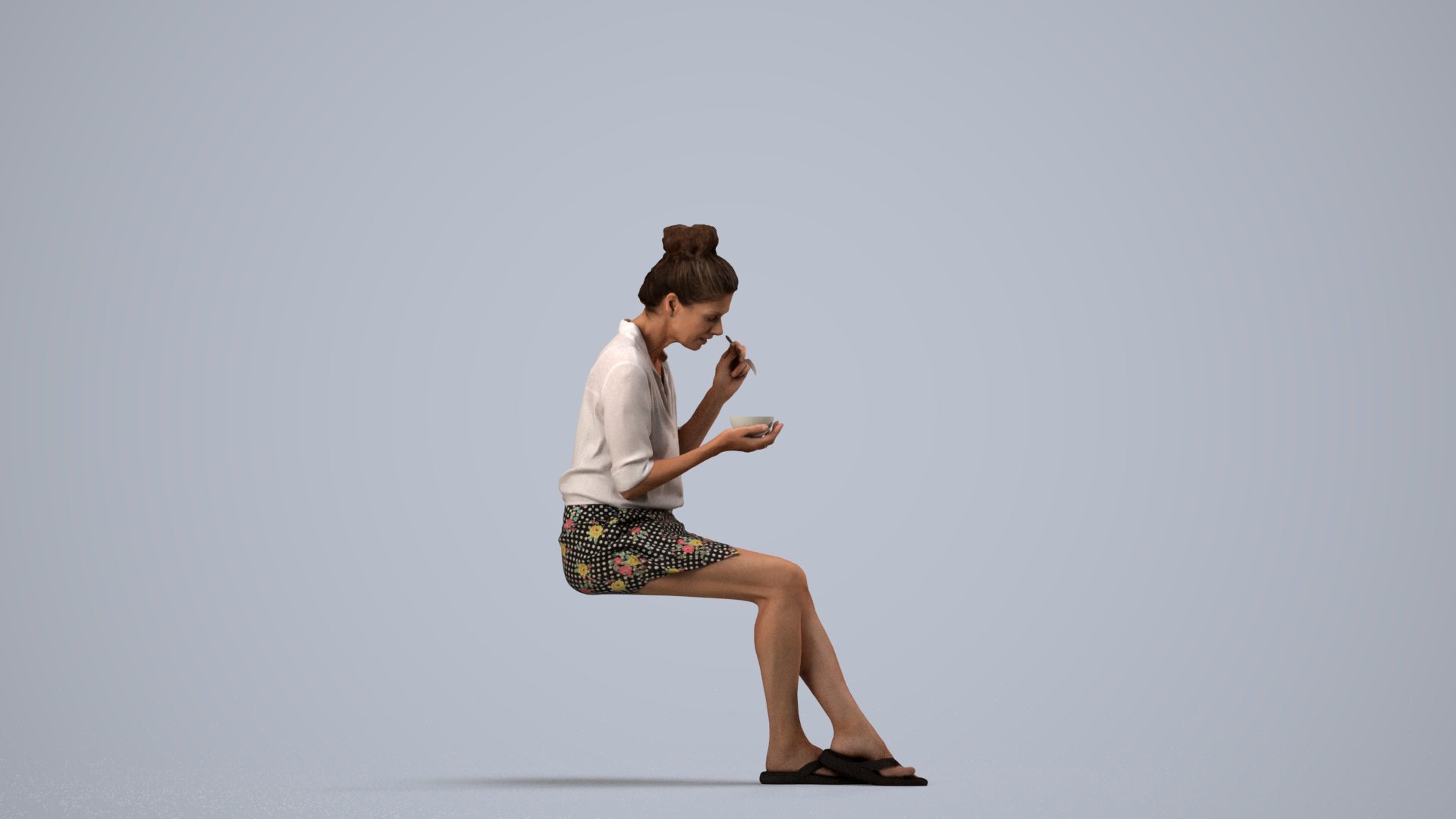 3D people model woman casual sitting, scanned human for 3ds Max rendering, side view render