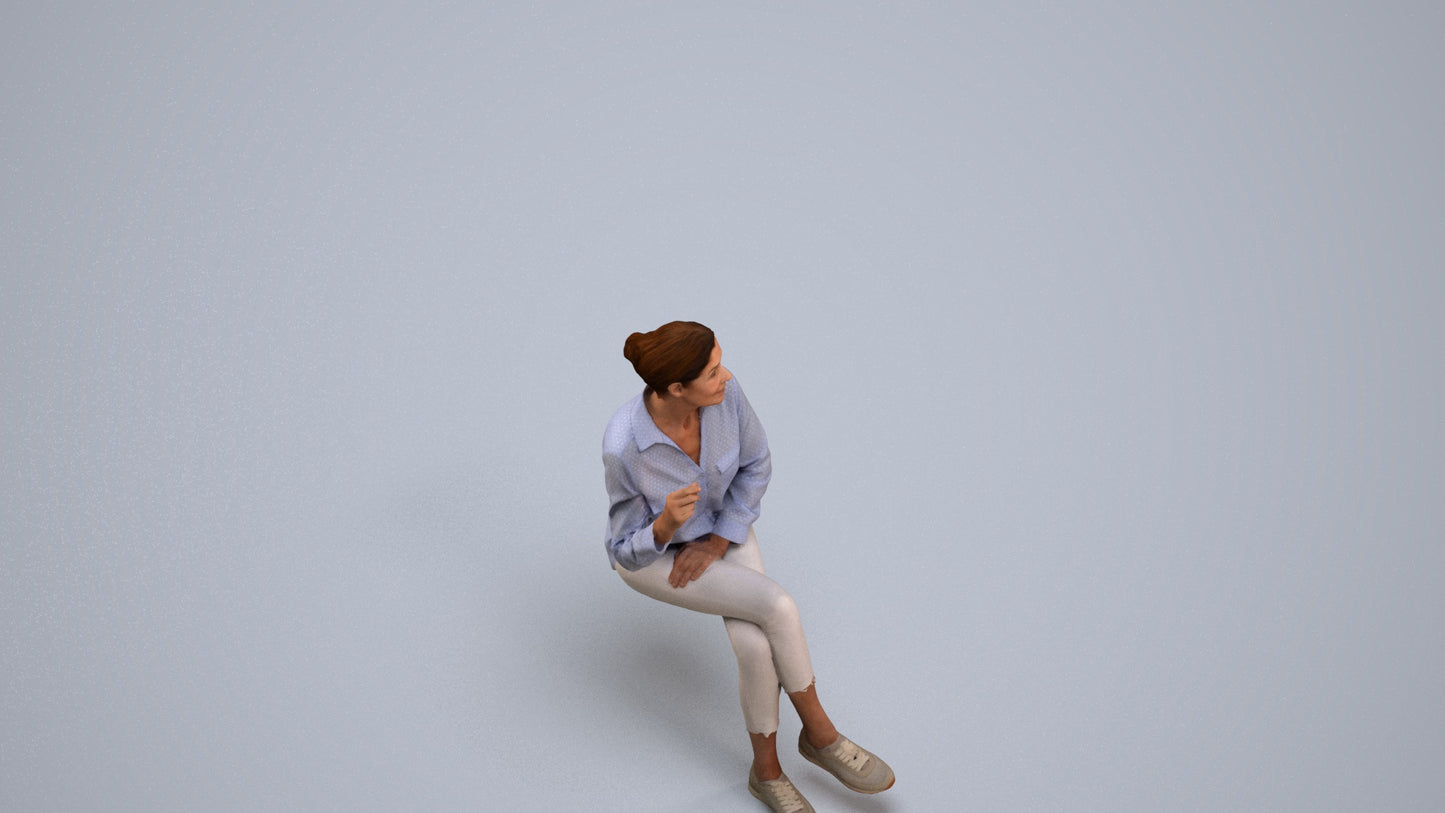 realistic 3D human senior woman casual sitting, archviz people FBX OBJ for Blender, back view render