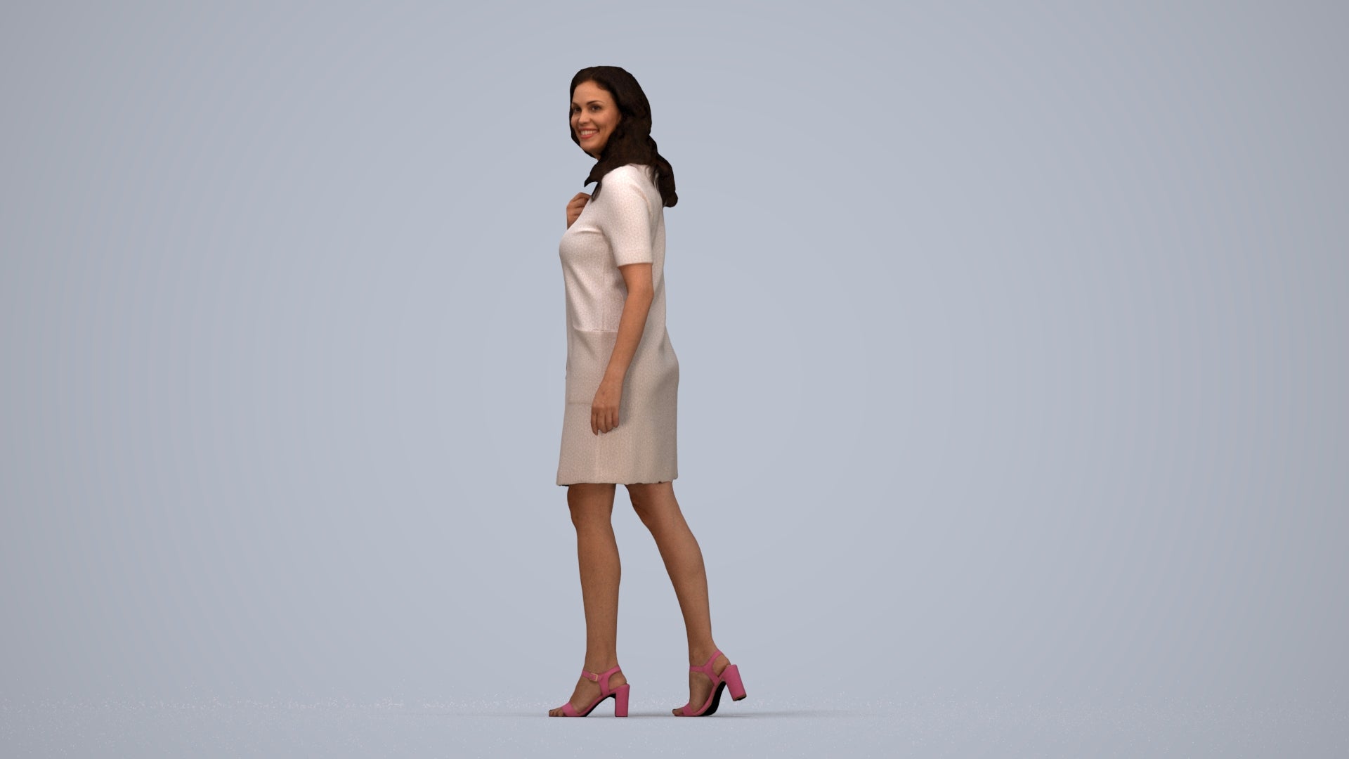 realistic 3D human woman casual walking, archviz people FBX OBJ for Blender, top-down view render