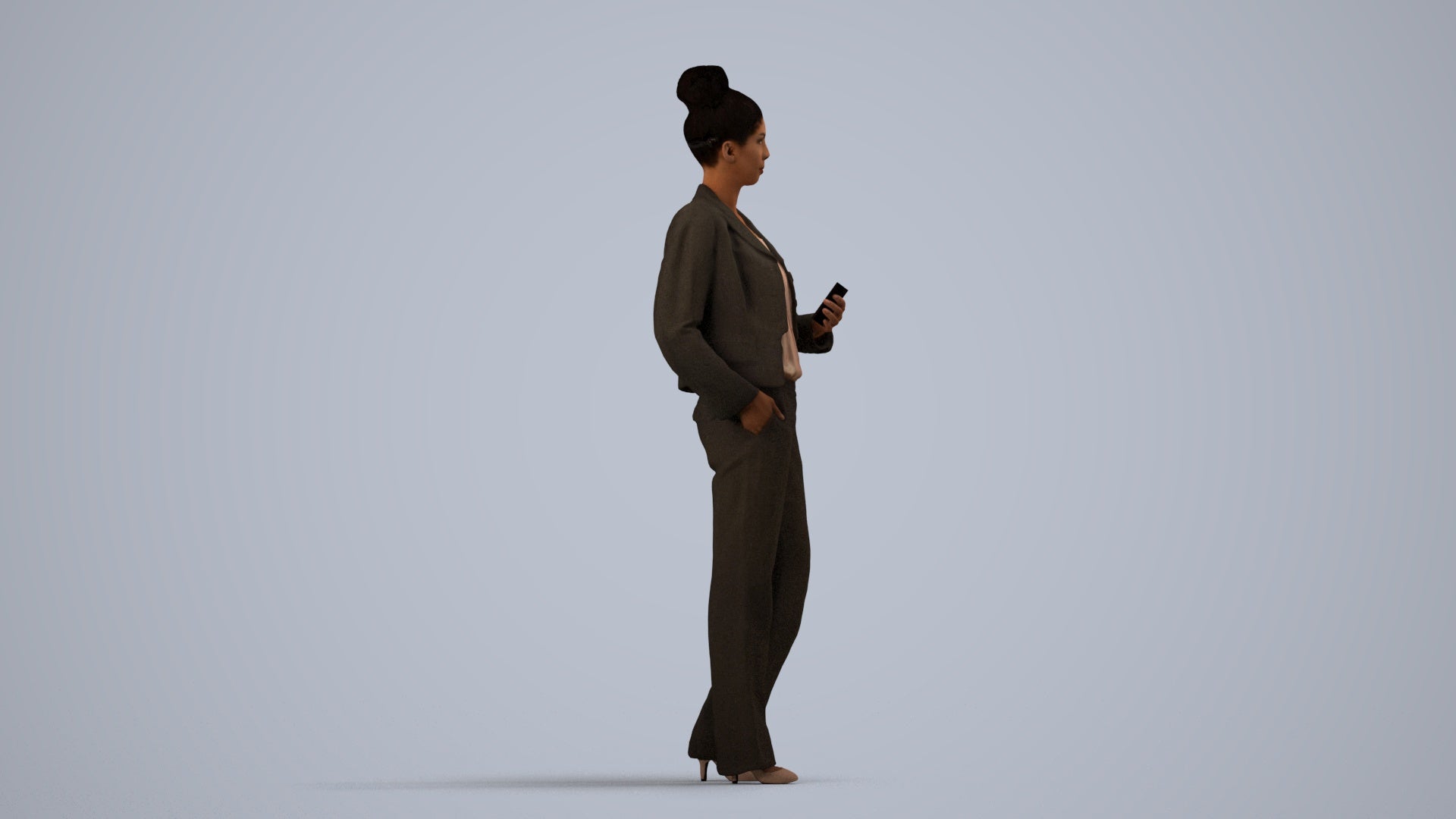scanned 3D woman business standing, photogrammetry people for Enscape and V-Ray, side view render
