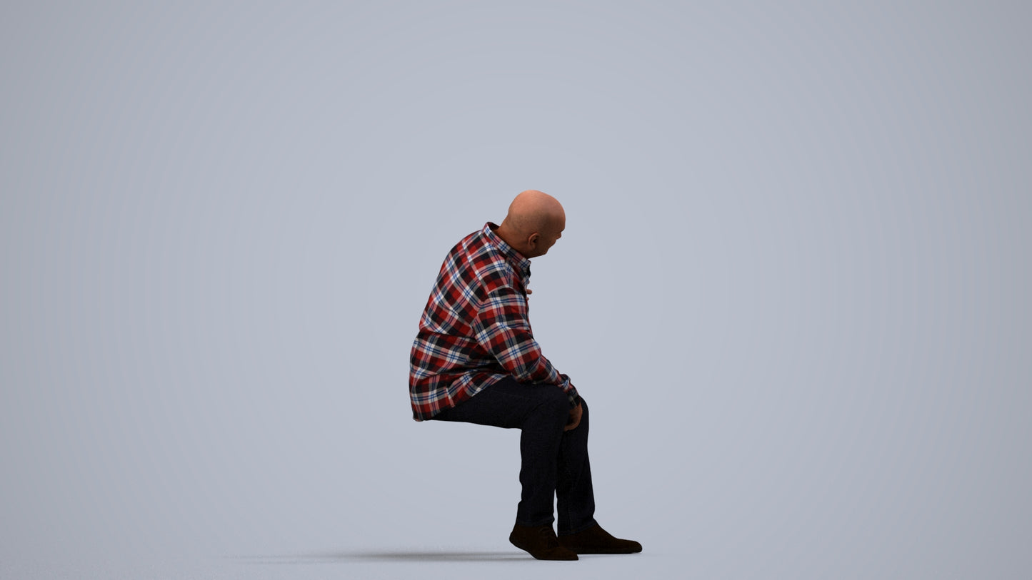 scanned 3D senior man casual sitting, photogrammetry people for Enscape and V-Ray, side view render