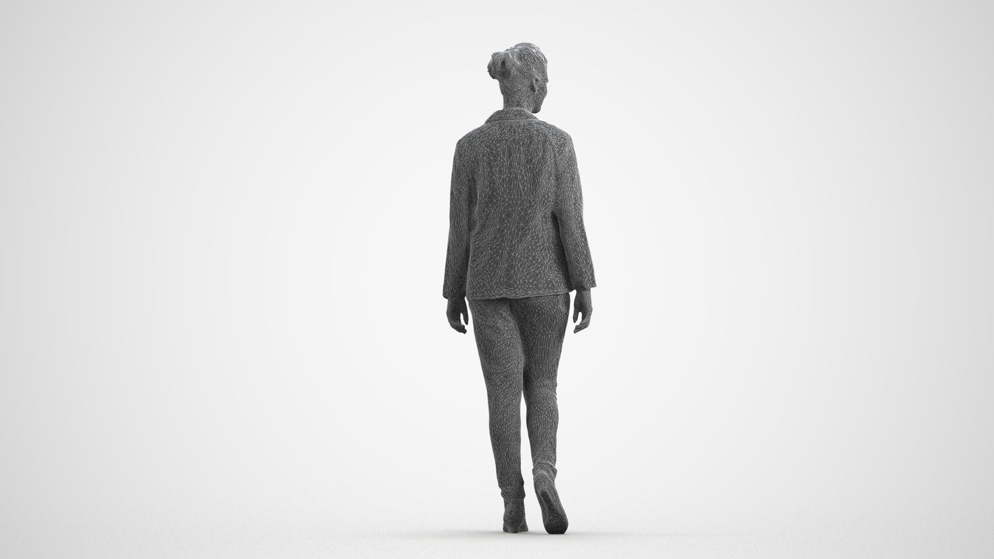 photogrammetry 3D woman business walking, realistic human model archviz FBX, wireframe front view