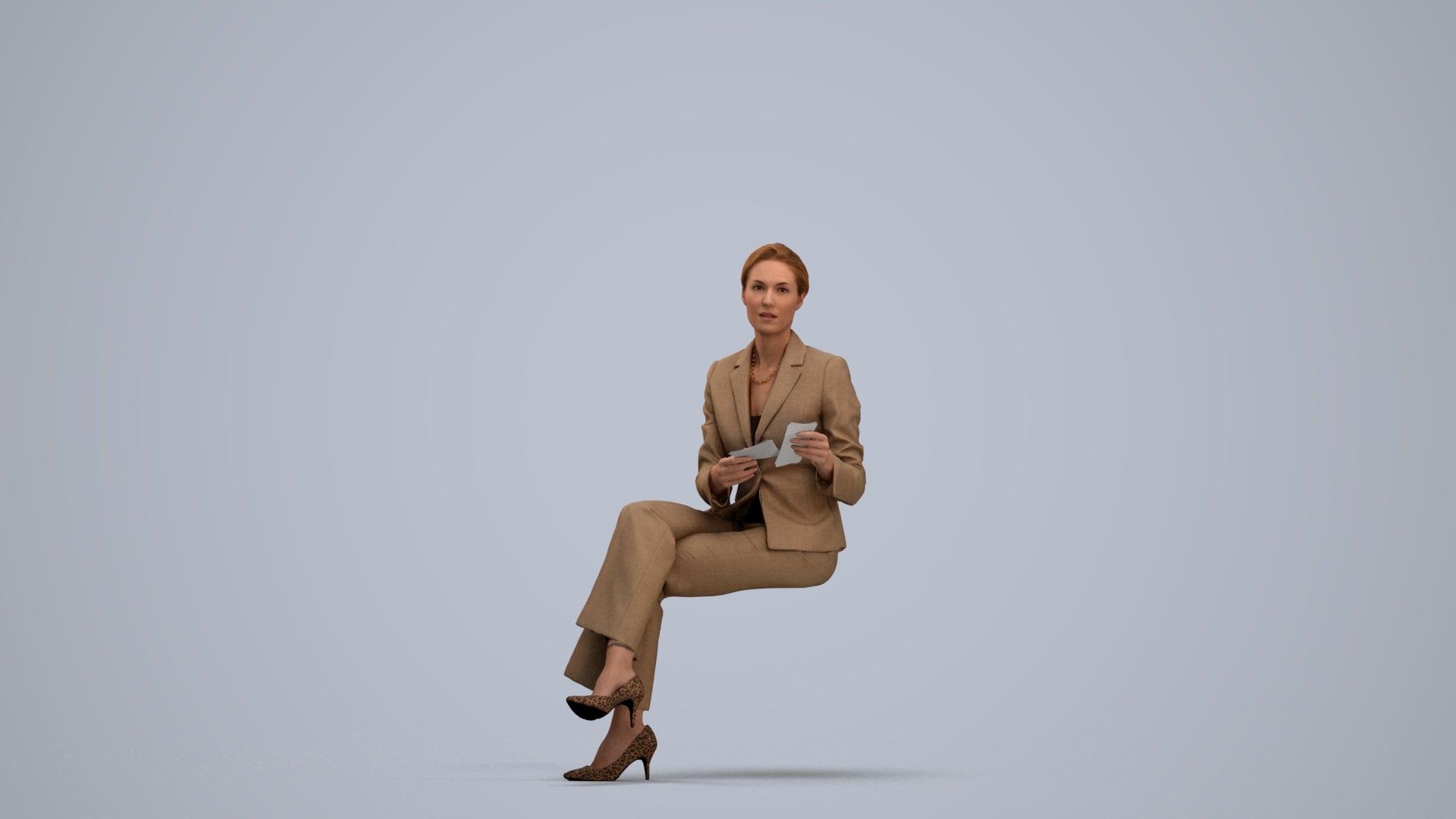 scanned 3D woman business sitting, photogrammetry people for Enscape and V-Ray, standing pose render