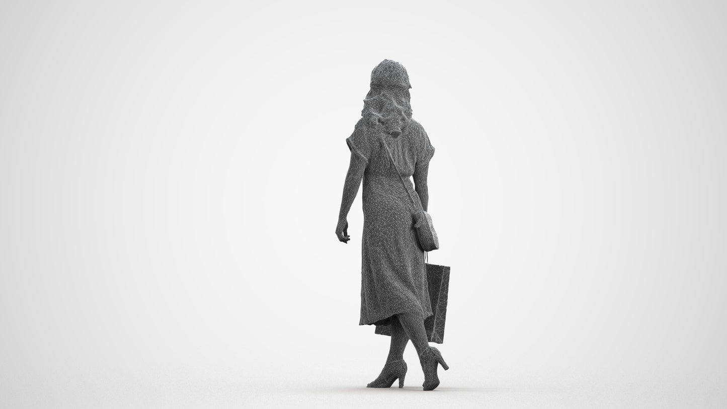 photogrammetry 3D woman casual walking, realistic human model archviz FBX, wireframe front view