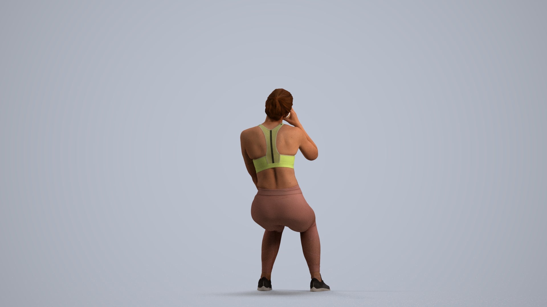 3D human model woman sport, photogrammetry scanned person for archviz, front view render