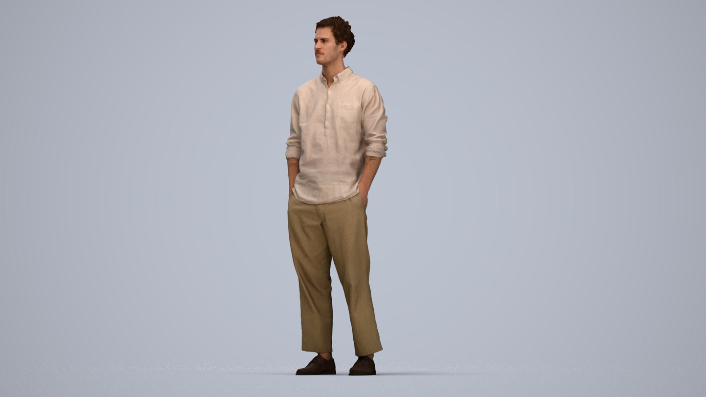 3D human model man casual standing, photogrammetry scanned person for archviz, top-down view render