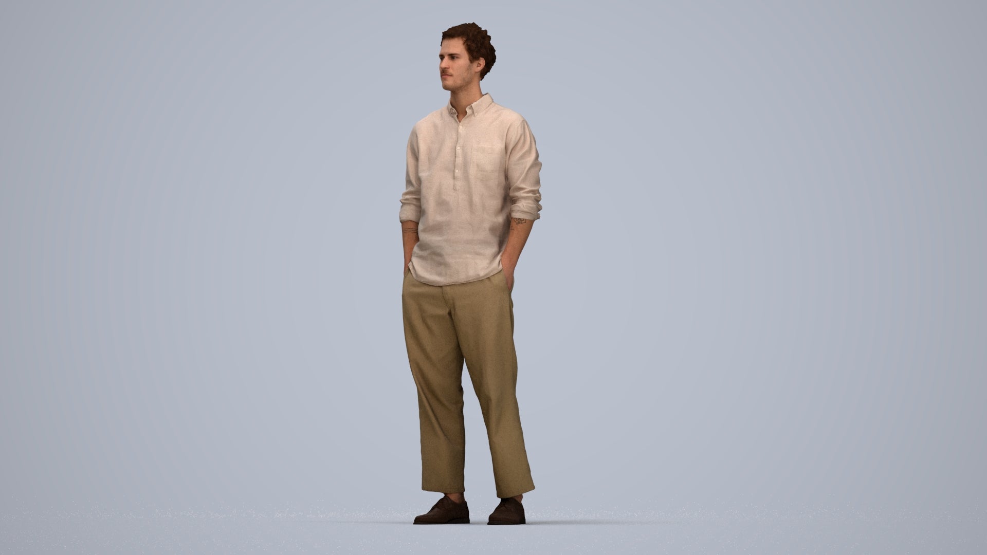 3D human model man casual standing, photogrammetry scanned person for archviz, top-down view render