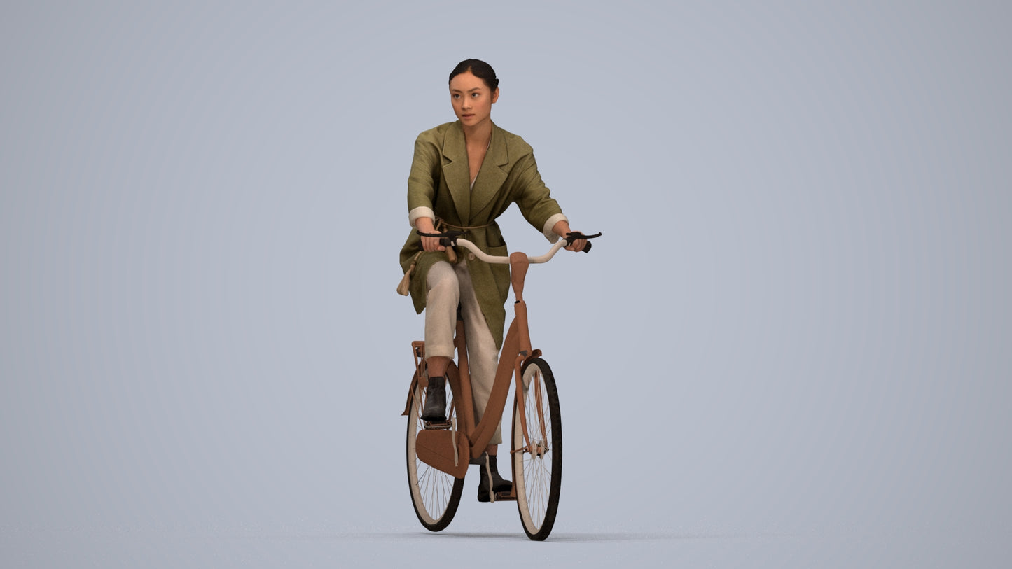 scanned 3D woman casual cycling, photogrammetry people for Enscape and V-Ray, top-down view render