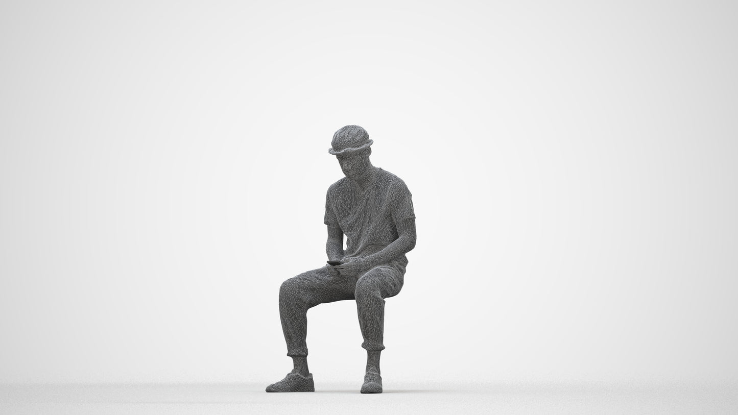 realistic 3D people man casual sitting, render-ready for V-Ray and Corona, FBX OBJ, wireframe back view
