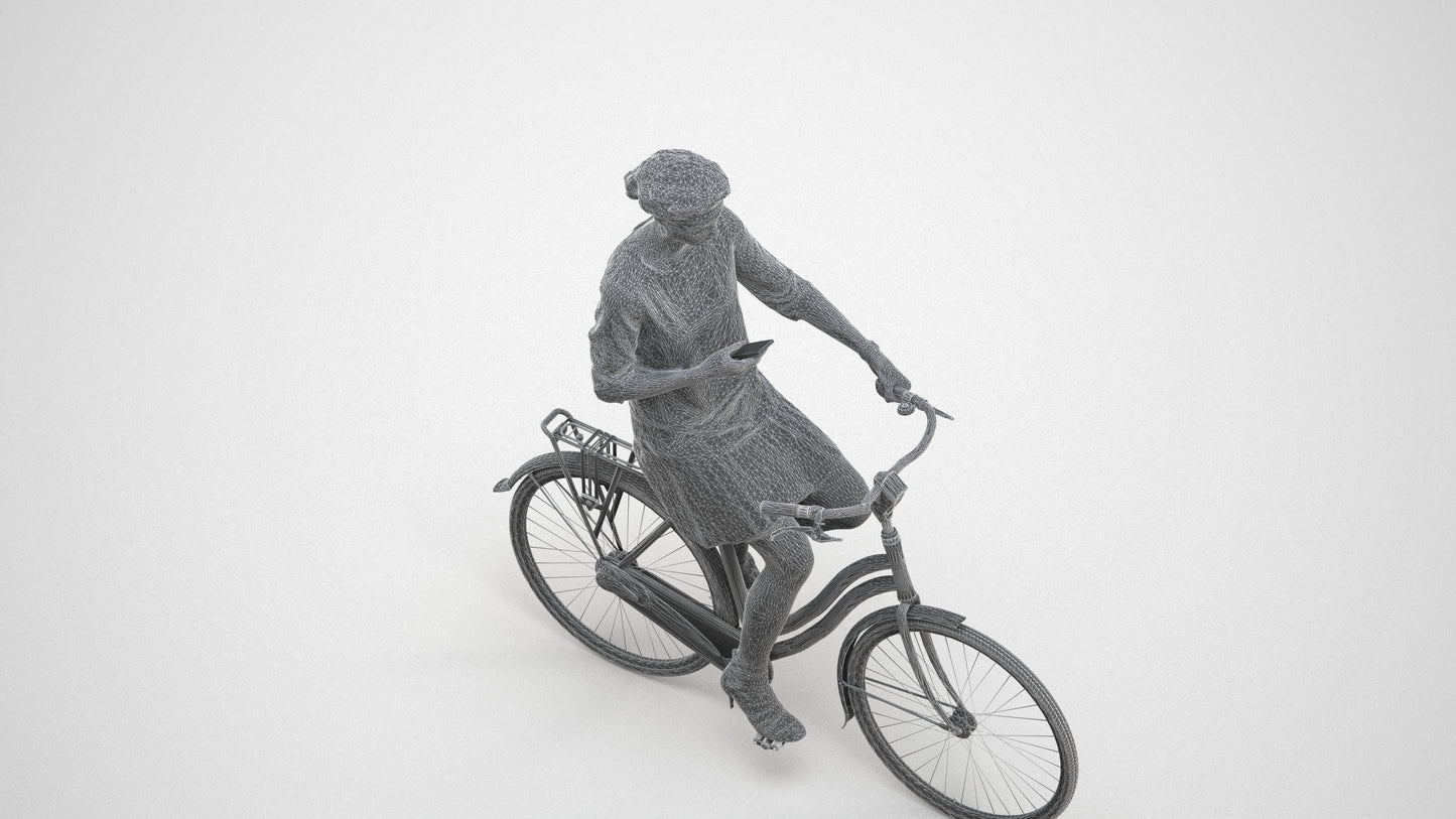 photogrammetry 3D woman casual cycling, realistic human model archviz FBX, wireframe three-quarter view
