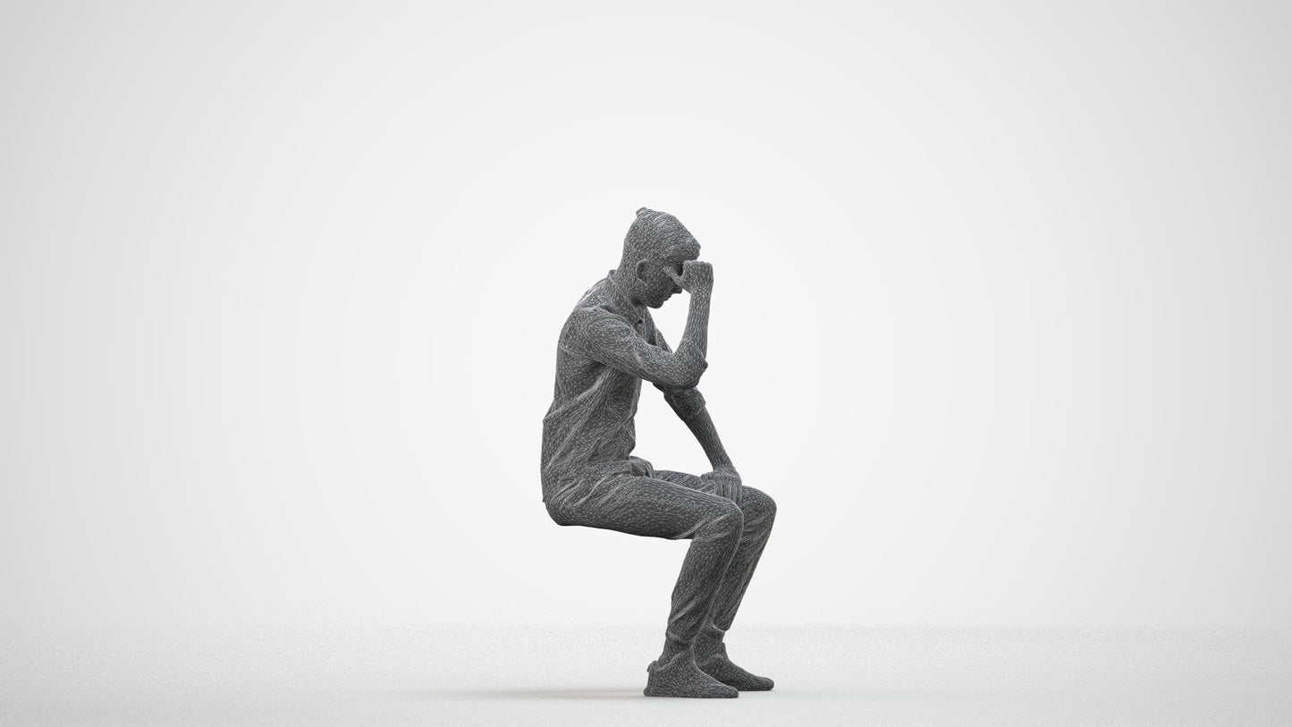 3D people model man casual sitting, scanned human for 3ds Max rendering, wireframe side view