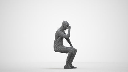 3D people model man casual sitting, scanned human for 3ds Max rendering, wireframe side view