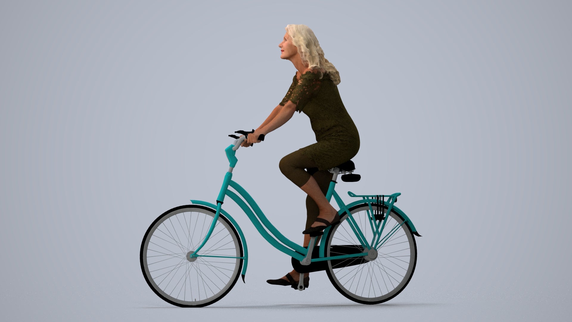 3D people model senior woman casual cycling, scanned human for 3ds Max rendering, three-quarter view render