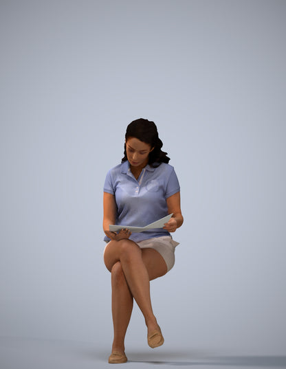 3D human model woman casual sitting, photogrammetry scanned person for archviz