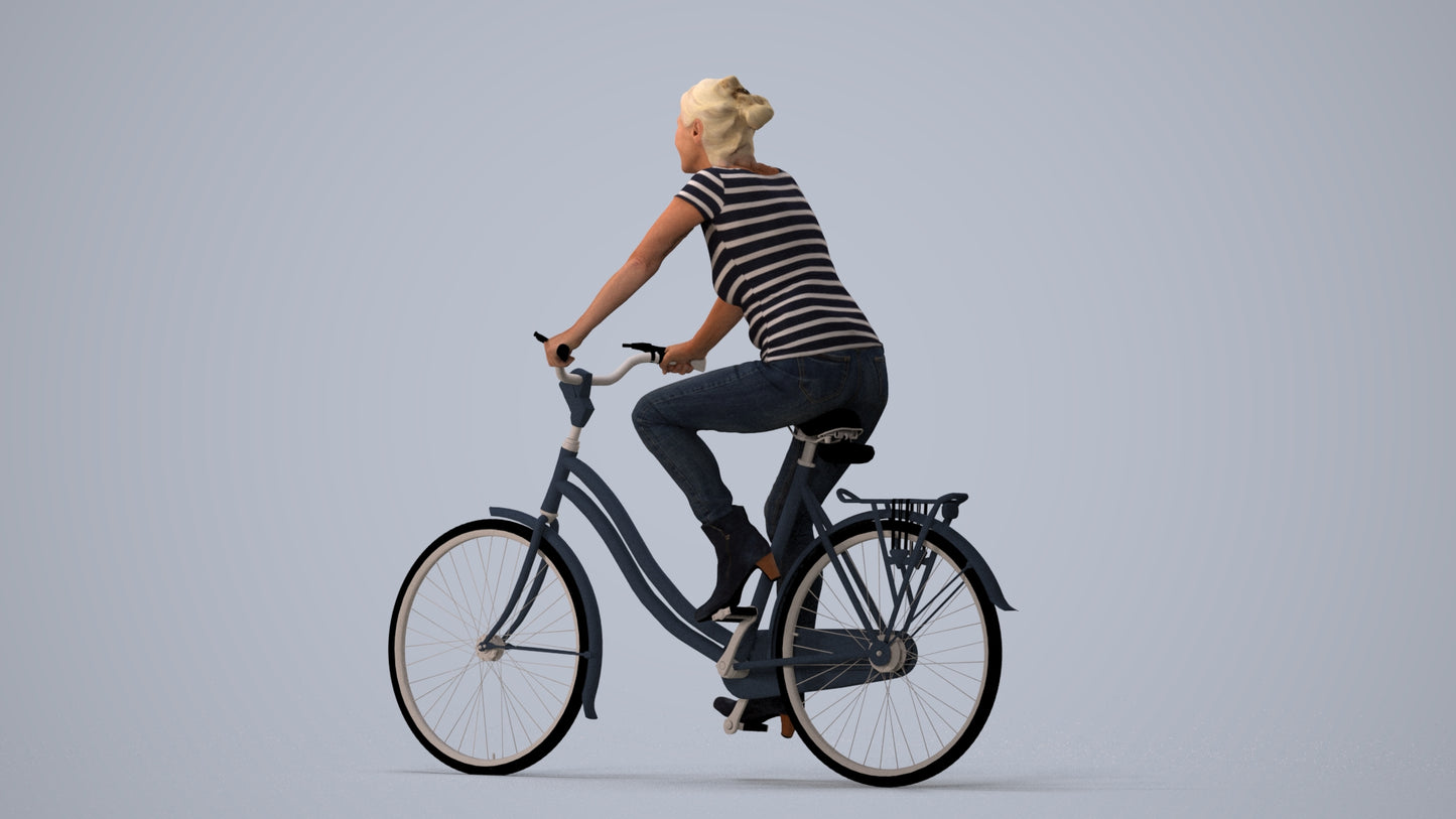 scanned 3D senior woman casual cycling, photogrammetry people for Enscape and V-Ray, three-quarter view render
