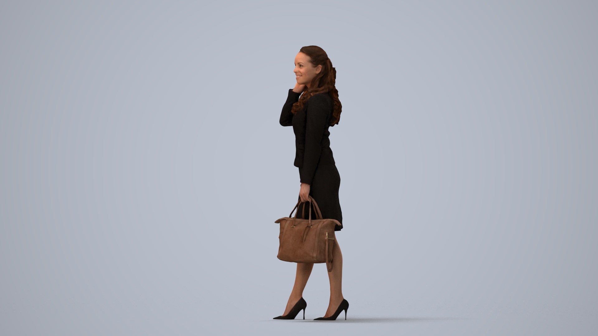 3D scanned woman standing business, photorealistic archviz people for Enscape and SketchUp, three-quarter view render