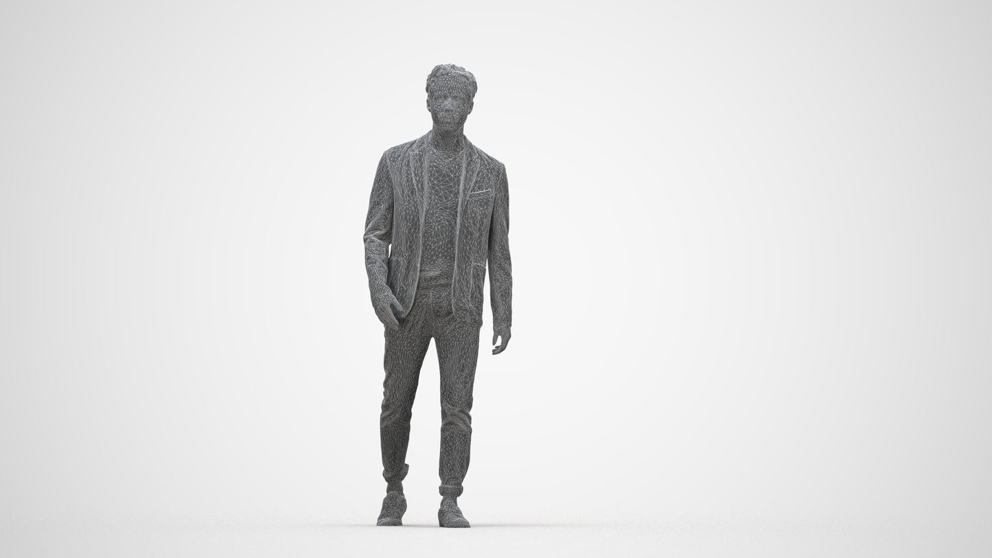 3D scanned man walking business, photorealistic archviz people for Enscape and SketchUp, wireframe back view
