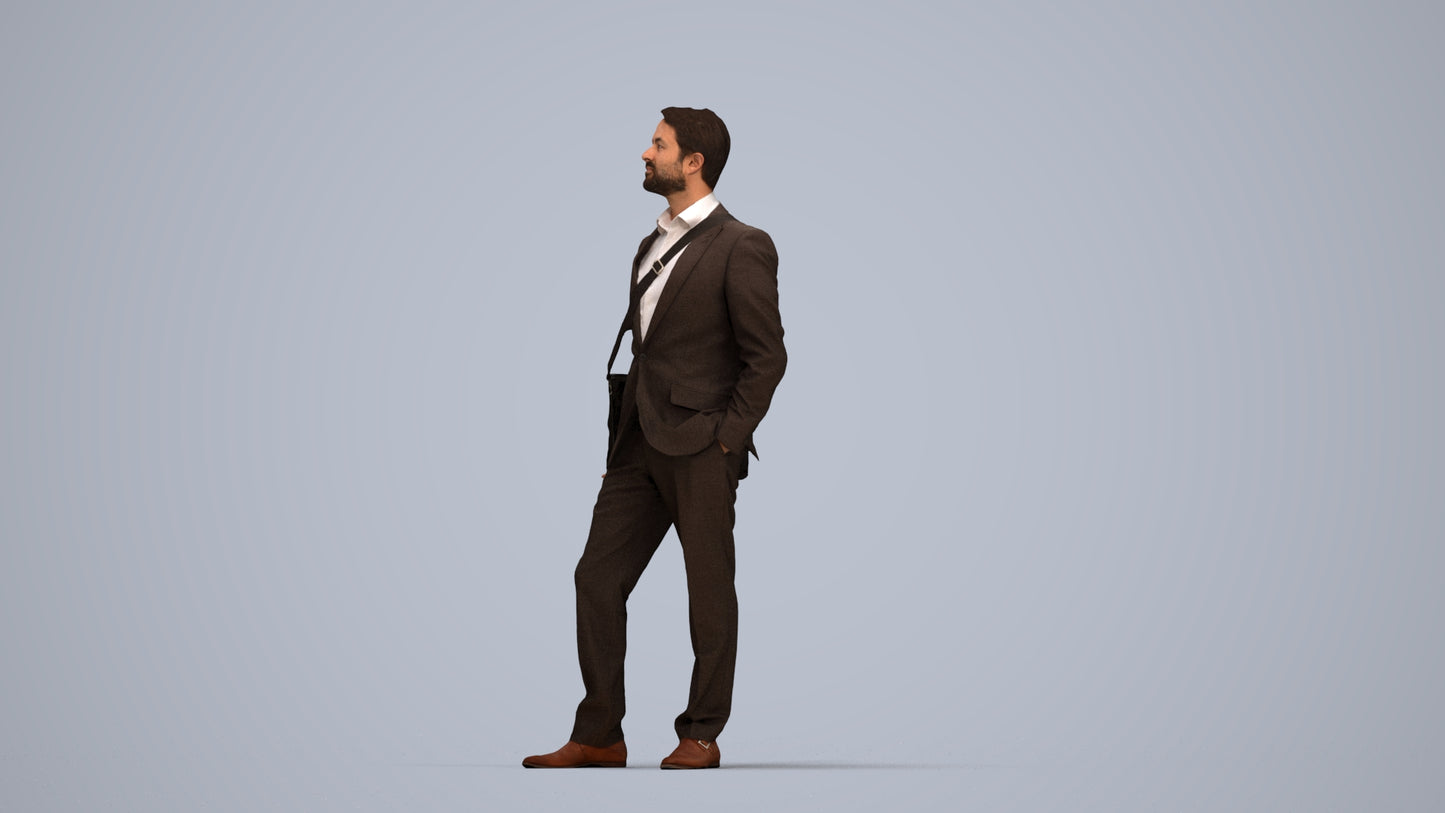 3D human model man business, photogrammetry scanned person for archviz, top-down view render