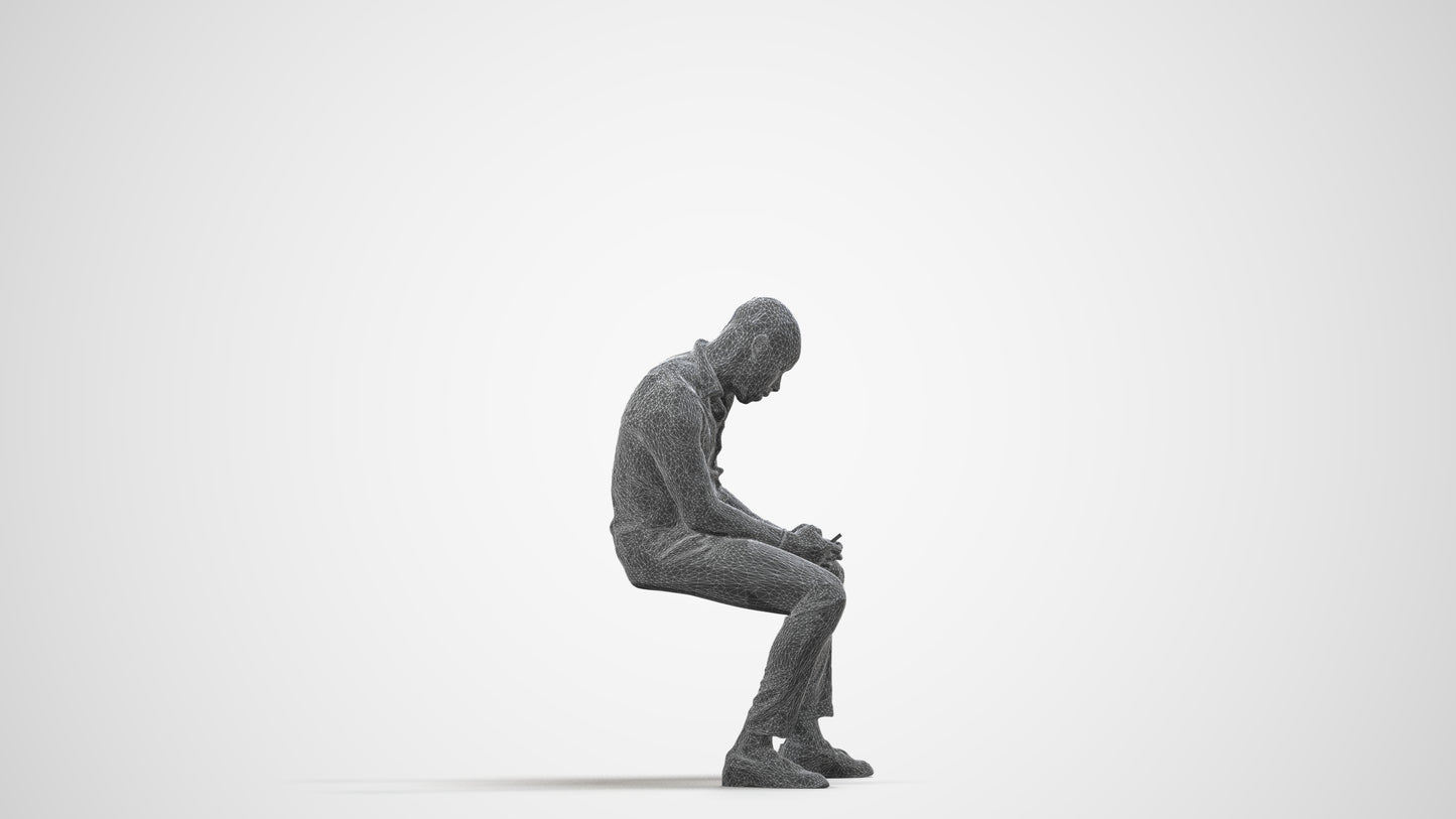 3D people model man business sitting, scanned human for 3ds Max rendering, wireframe side view