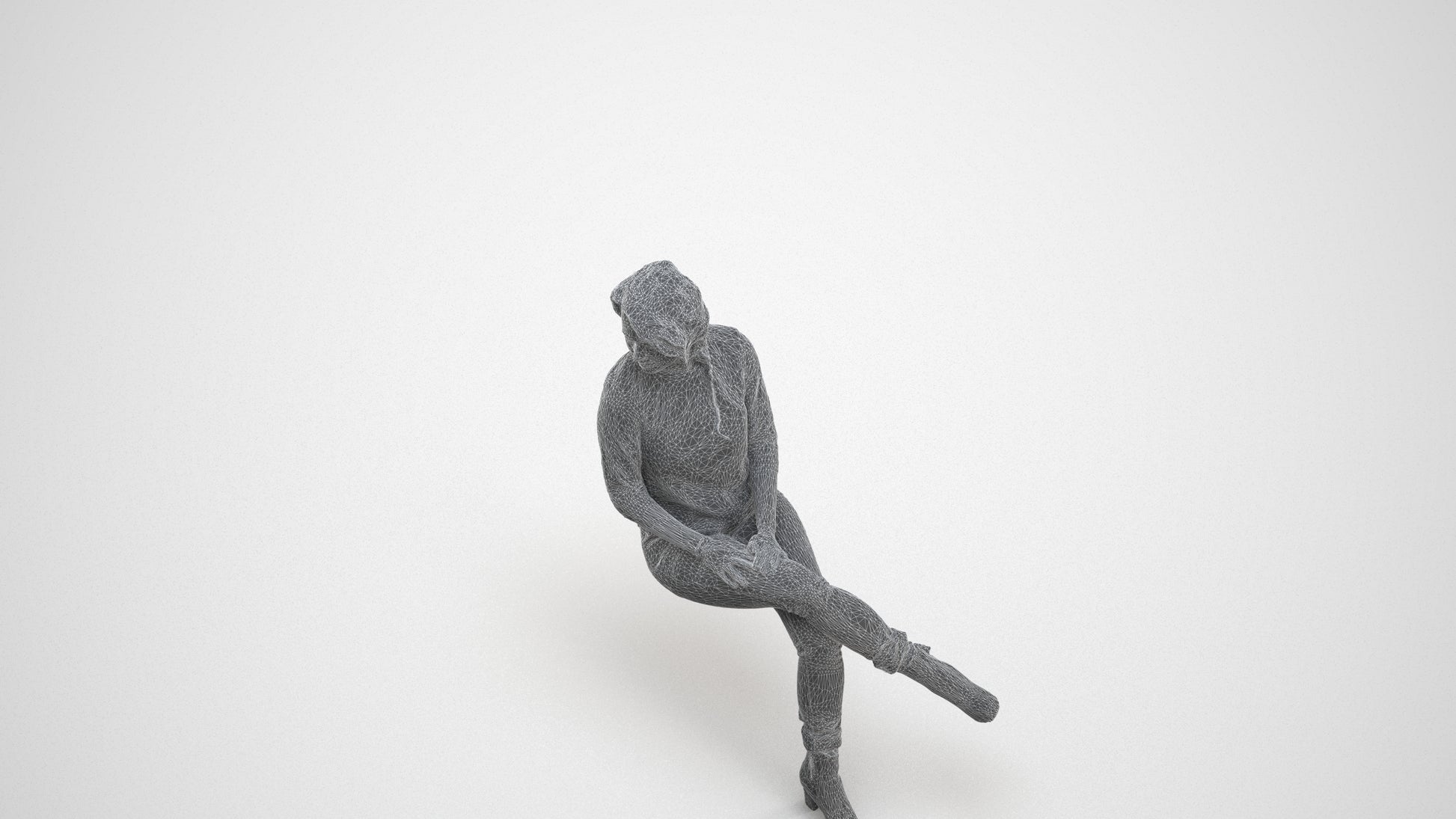 photogrammetry 3D girl business sitting, realistic human model archviz FBX, wireframe three-quarter view
