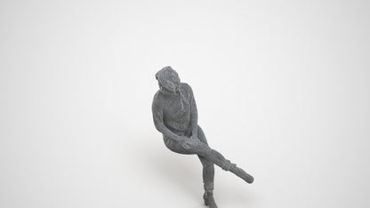 photogrammetry 3D girl business sitting, realistic human model archviz FBX, wireframe three-quarter view