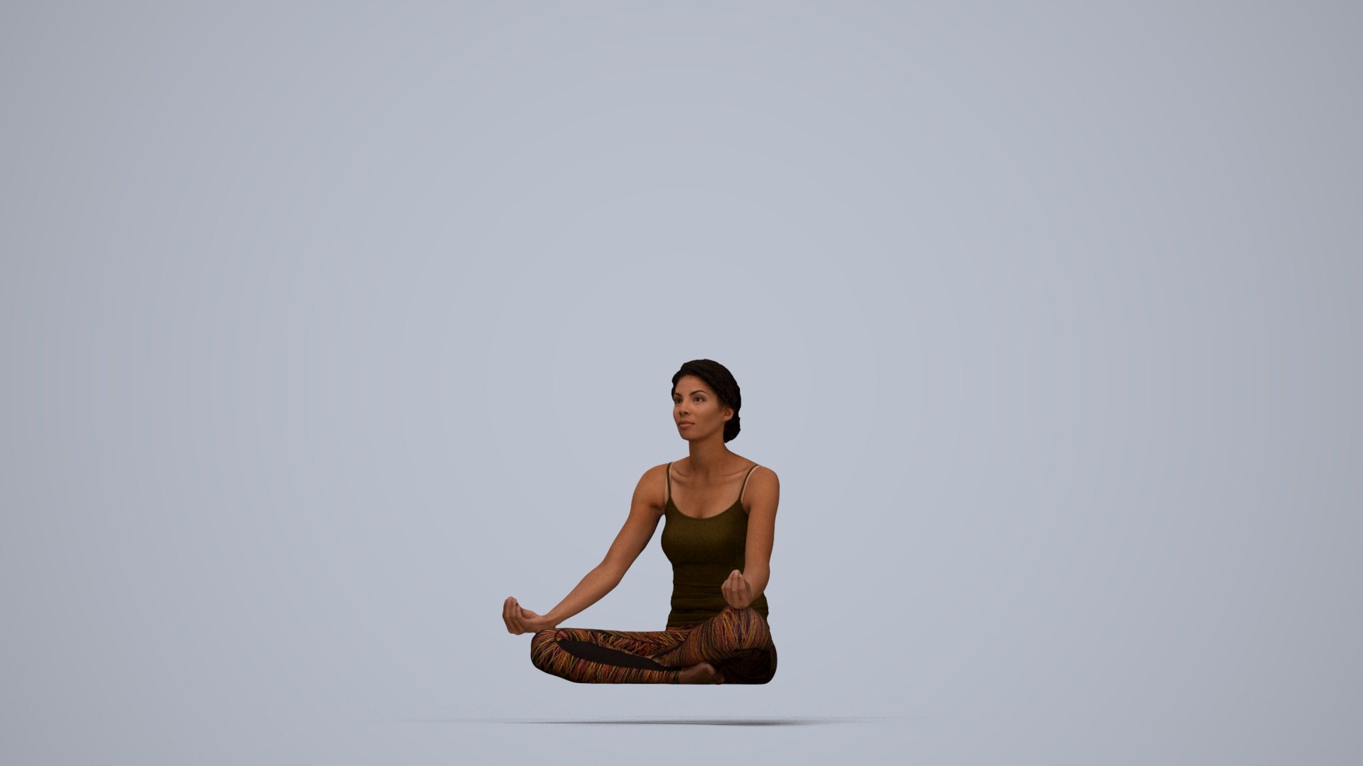 3D human model woman sport, photogrammetry scanned person for archviz, top-down view render