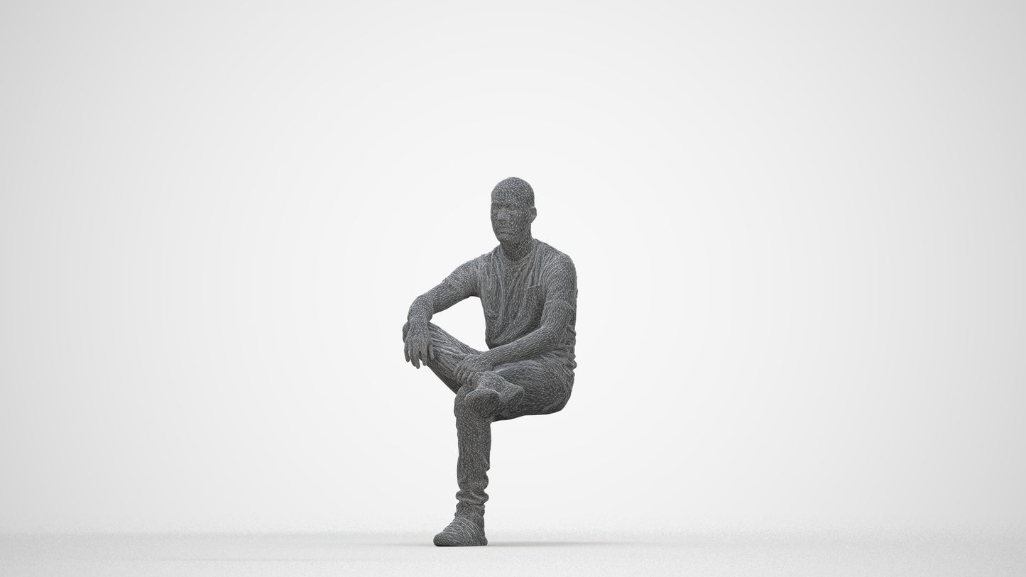 3D human model man casual sitting, photogrammetry scanned person for archviz, wireframe back view