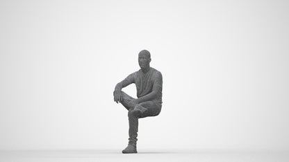3D human model man casual sitting, photogrammetry scanned person for archviz, wireframe back view