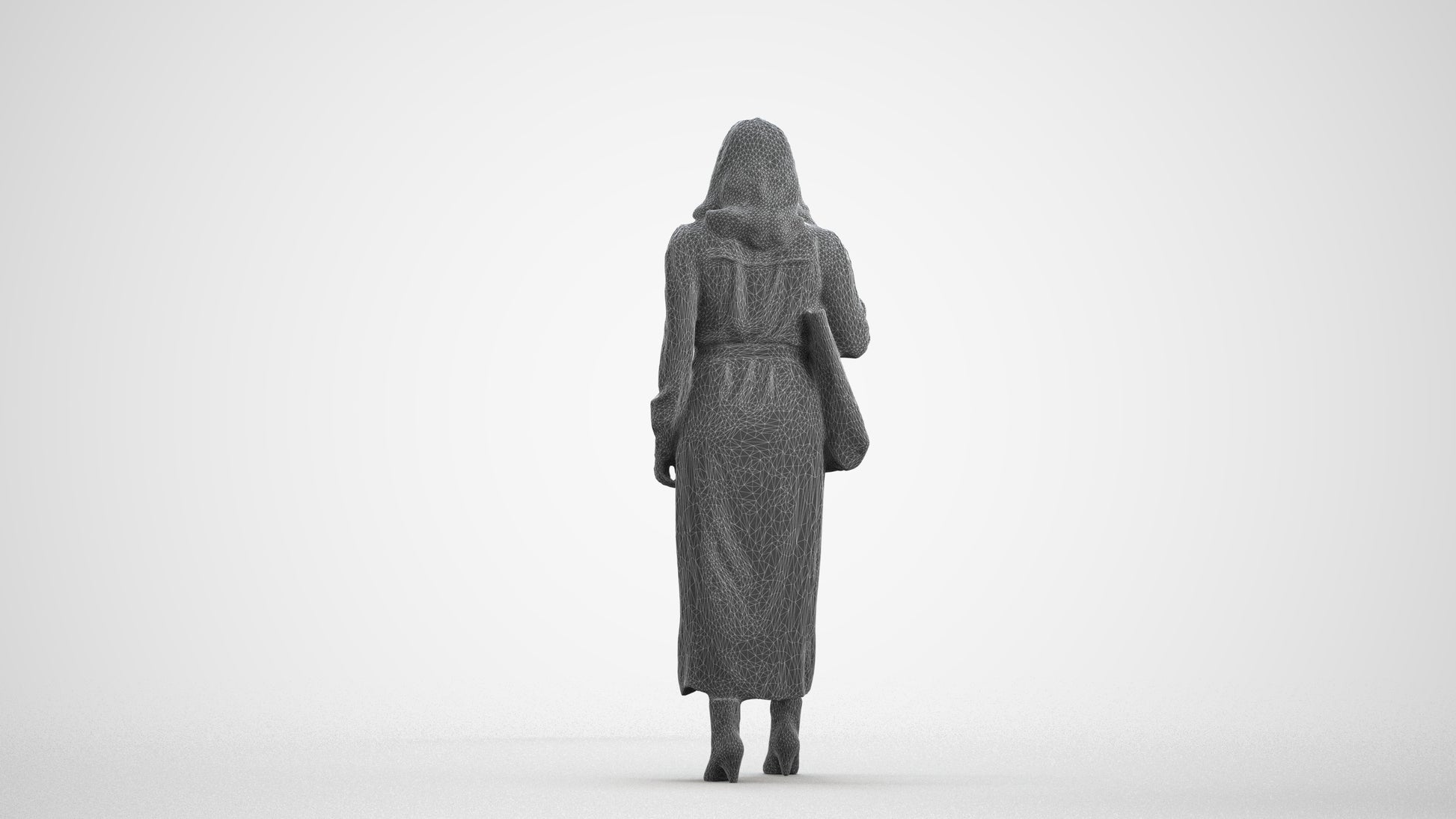3D human model woman casual walking, photogrammetry scanned person for archviz, wireframe front view