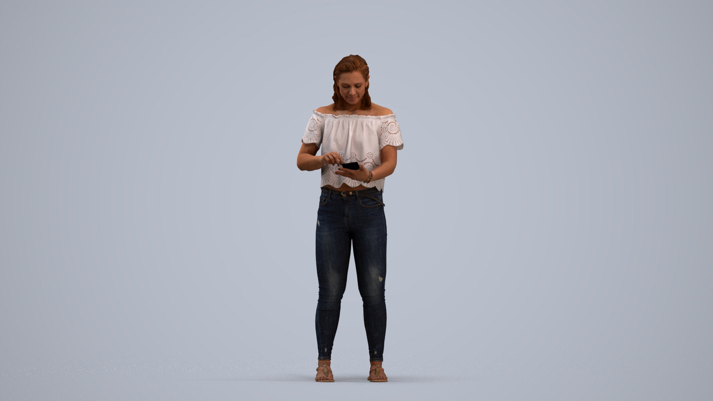 3D human model woman casual standing, photogrammetry scanned person for archviz, standing pose render