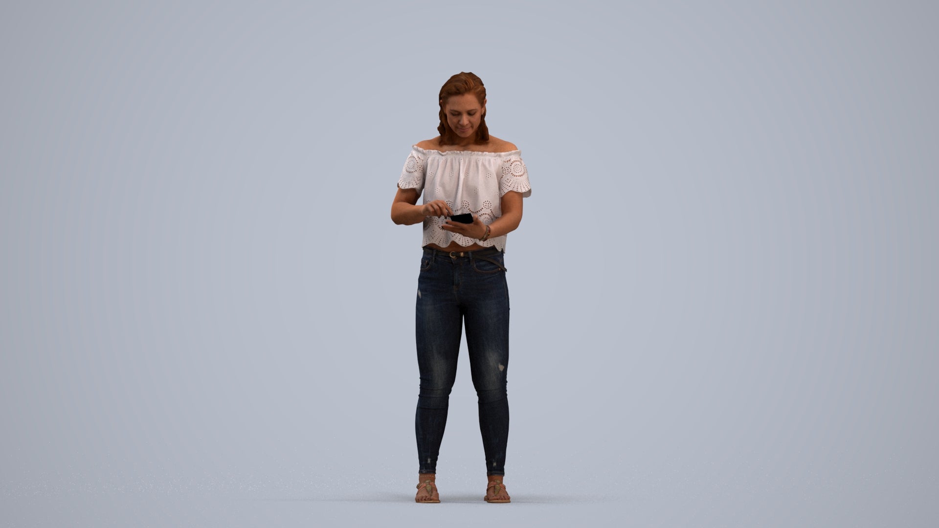 3D human model woman casual standing, photogrammetry scanned person for archviz, standing pose render