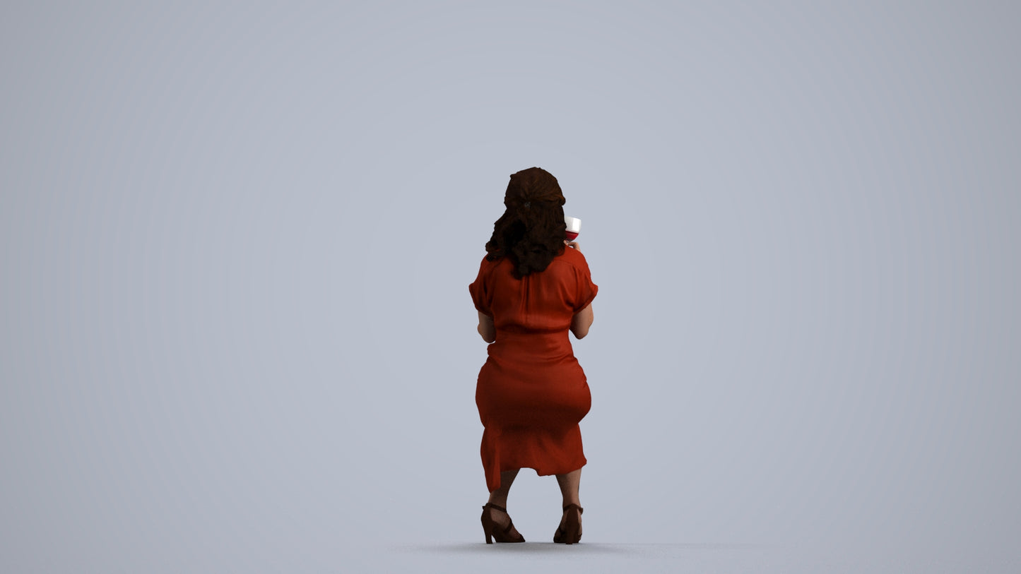 3D human model woman casual sitting, photogrammetry scanned person for archviz, front view render