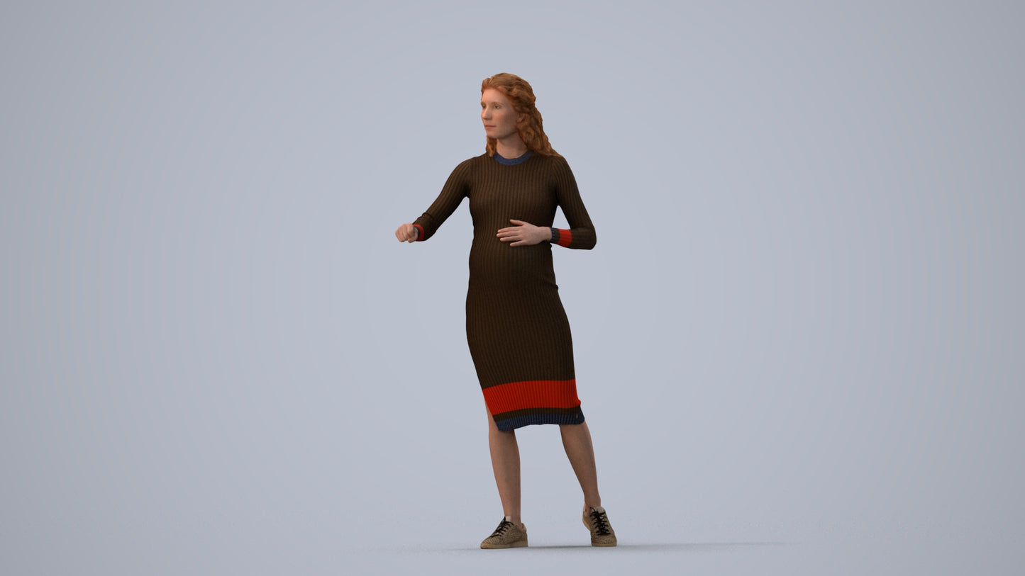3D human model woman casual standing, photogrammetry scanned person for archviz, three-quarter view render