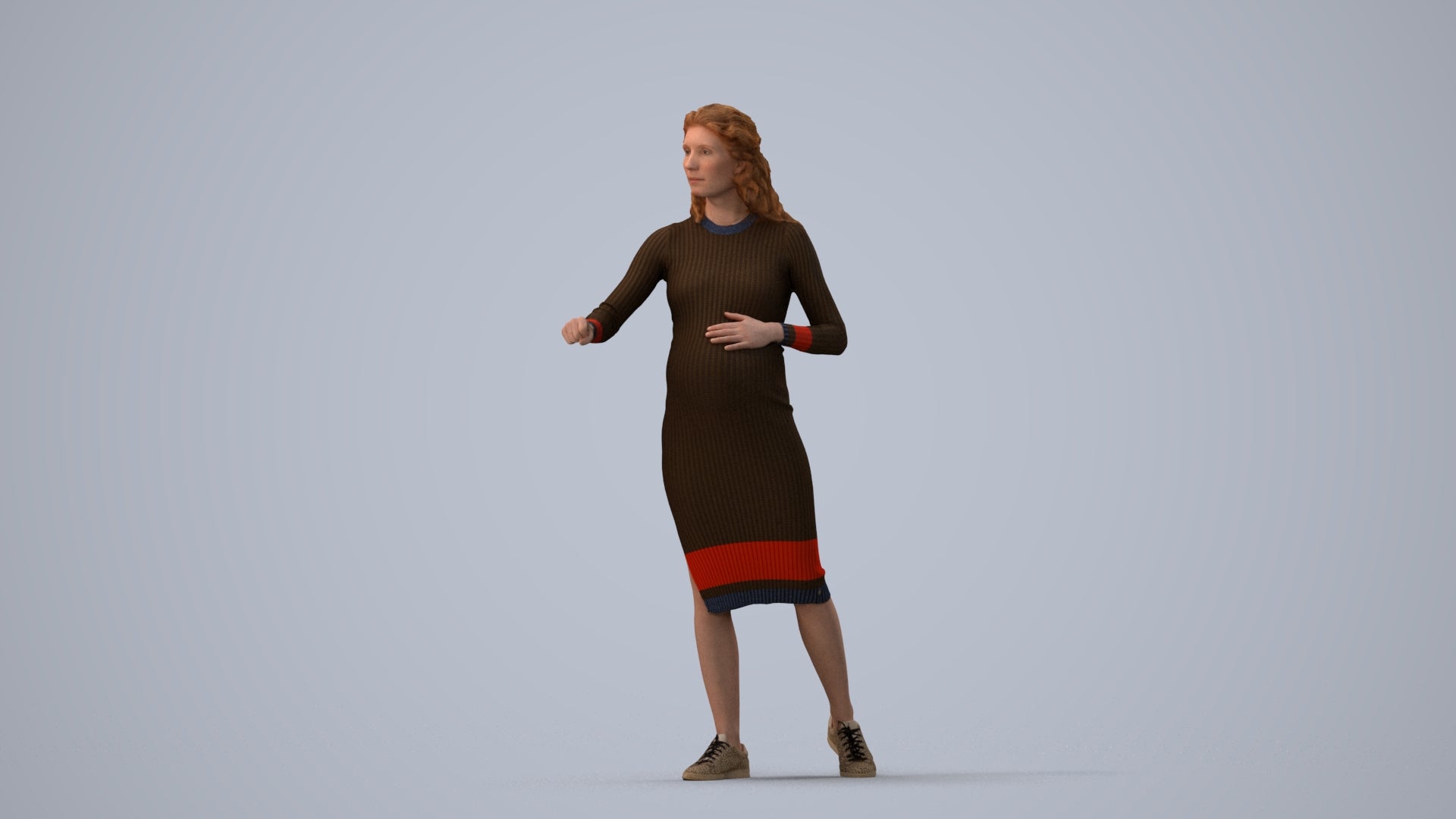 3D human model woman casual standing, photogrammetry scanned person for archviz, three-quarter view render
