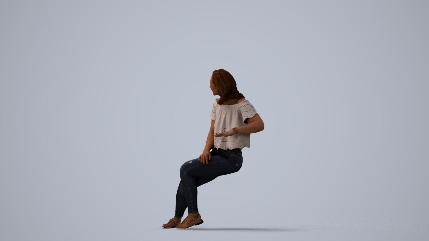realistic 3D people woman casual sitting, render-ready for V-Ray and Corona, FBX OBJ, three-quarter view render