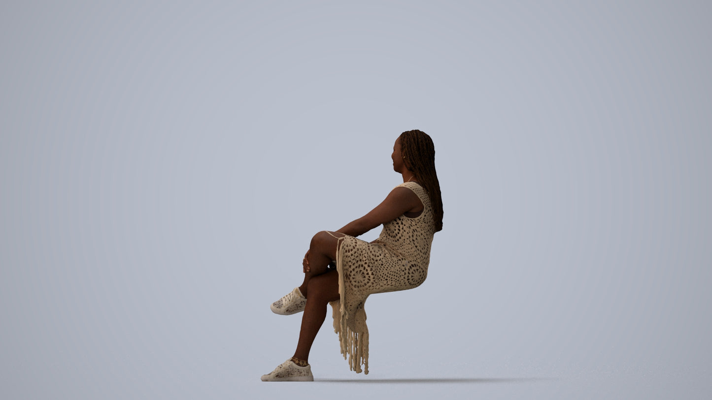 realistic 3D woman casual sitting, scanned archviz people for Blender and 3ds Max, three-quarter view render