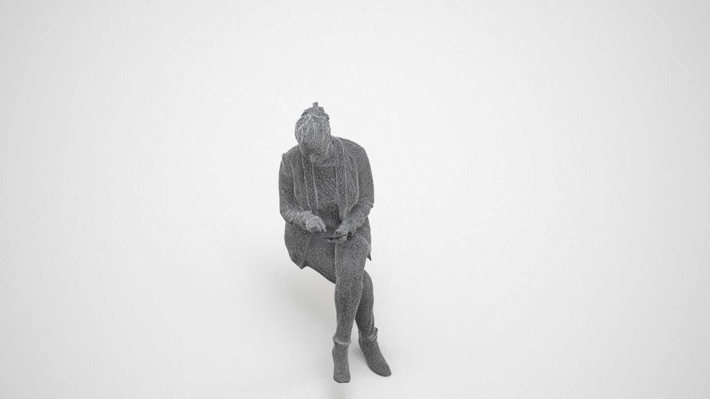 3D human model woman business sitting, photogrammetry scanned person for archviz, wireframe three-quarter view