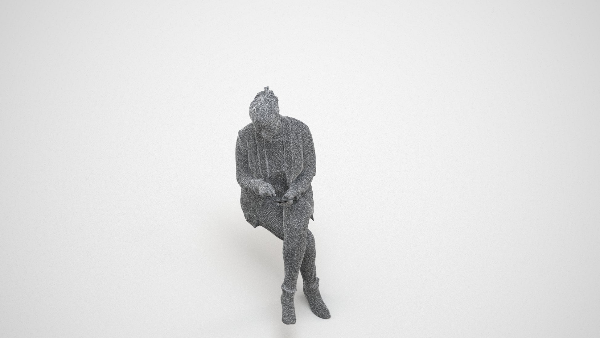 3D human model woman business sitting, photogrammetry scanned person for archviz, wireframe three-quarter view