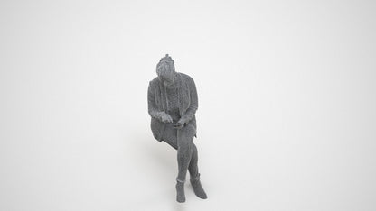 3D human model woman business sitting, photogrammetry scanned person for archviz, wireframe three-quarter view