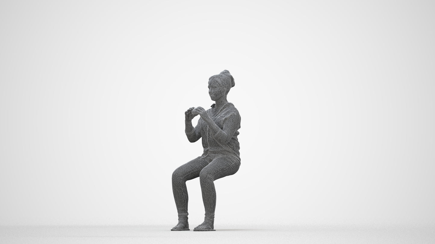 realistic 3D human woman casual sitting, archviz people FBX OBJ for Blender, wireframe back view