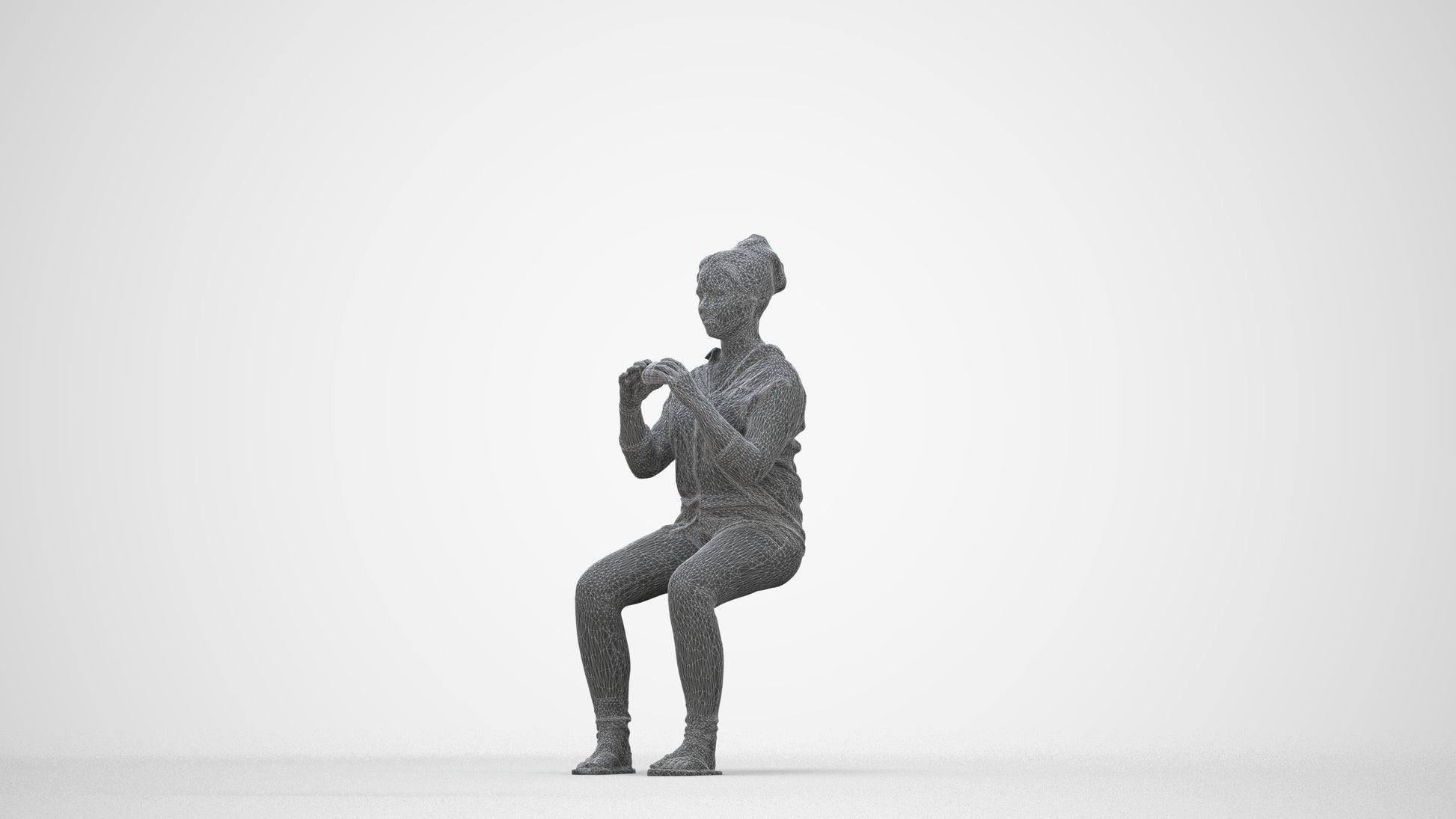realistic 3D human woman casual sitting, archviz people FBX OBJ for Blender, wireframe back view