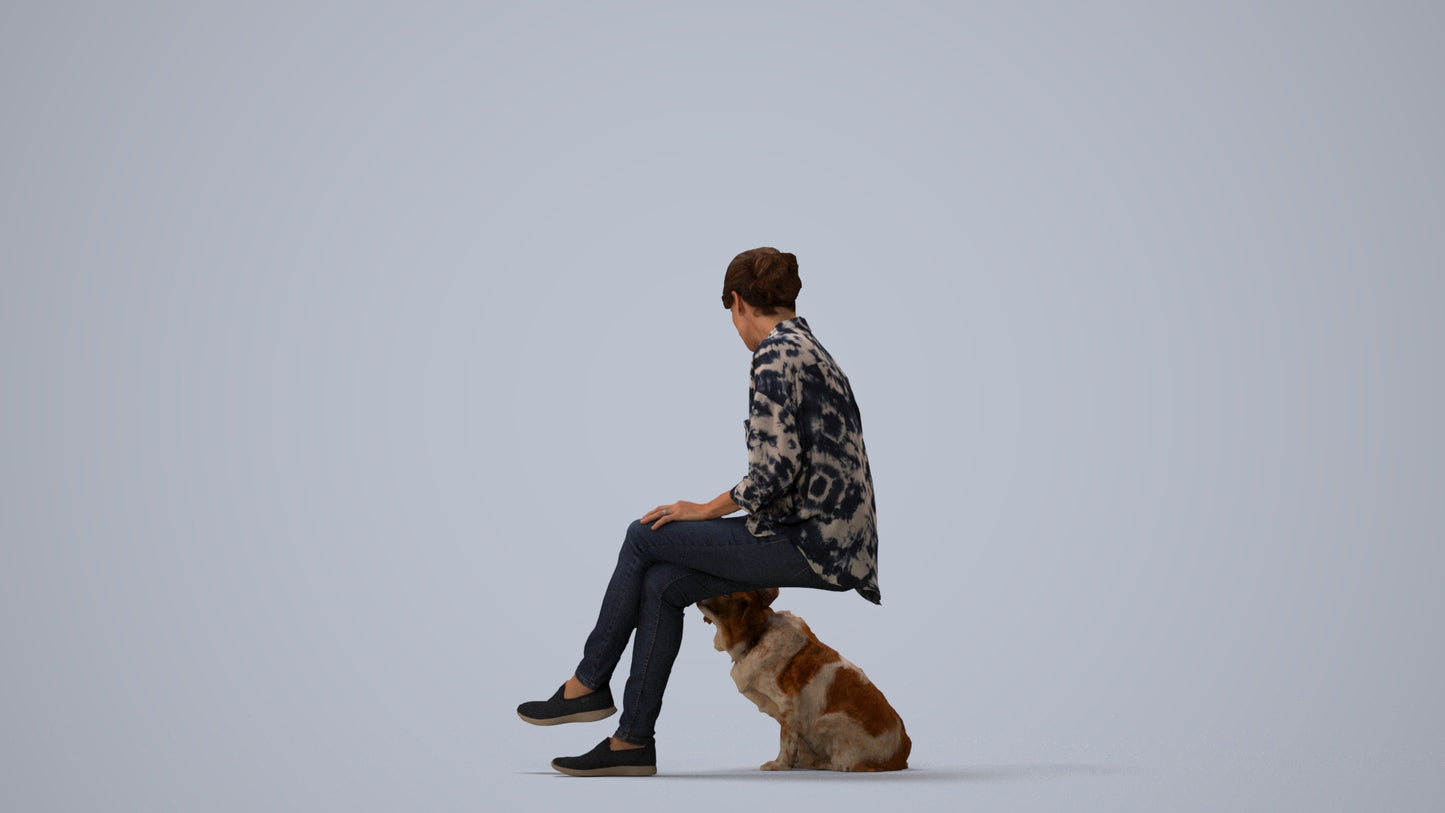 realistic 3D people woman casual sitting, render-ready for V-Ray and Corona, FBX OBJ, three-quarter view render