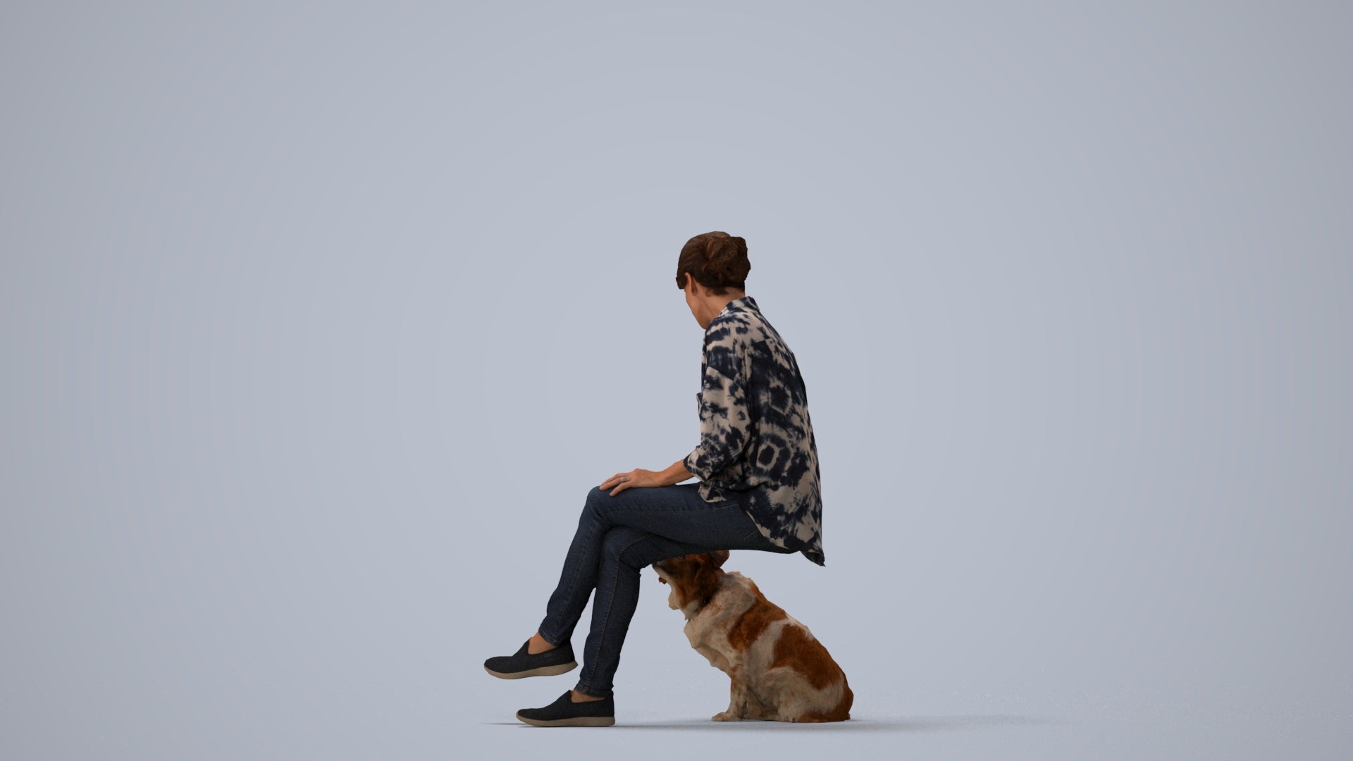 realistic 3D people woman casual sitting, render-ready for V-Ray and Corona, FBX OBJ, three-quarter view render