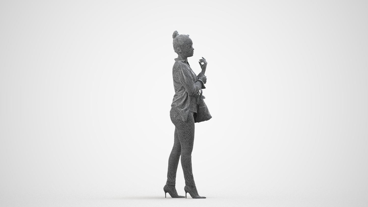 realistic 3D woman business standing, scanned archviz people for Blender and 3ds Max, wireframe side view