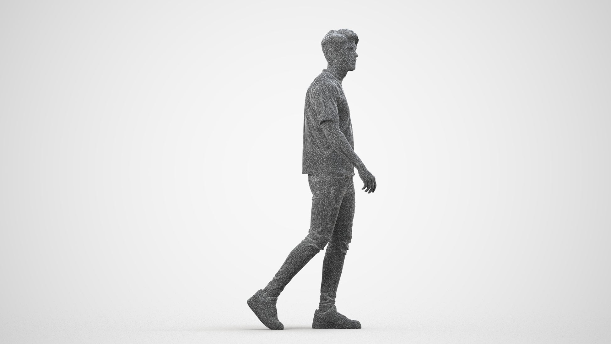 photogrammetry 3D man casual walking, realistic human model archviz FBX, wireframe side view