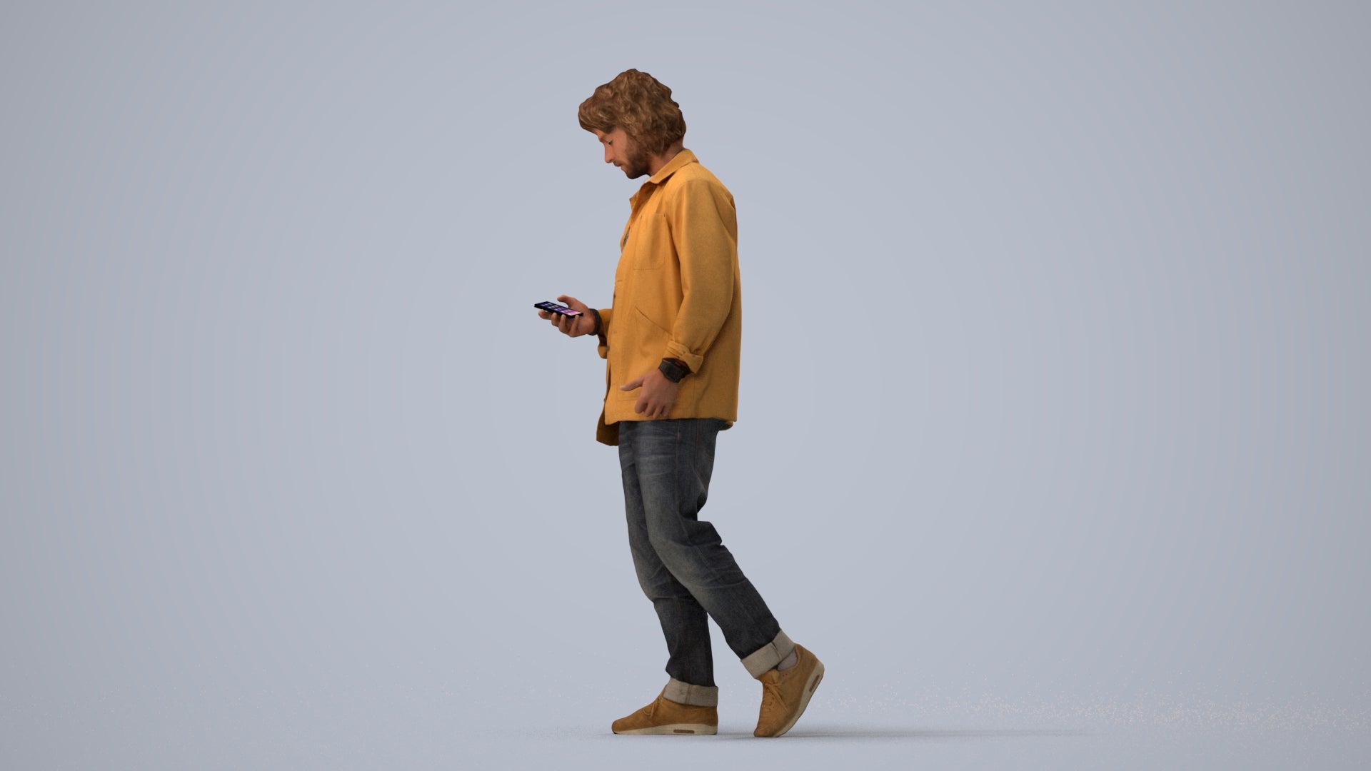 3D scanned man walking casual, photorealistic archviz people for Enscape and SketchUp, three-quarter view render